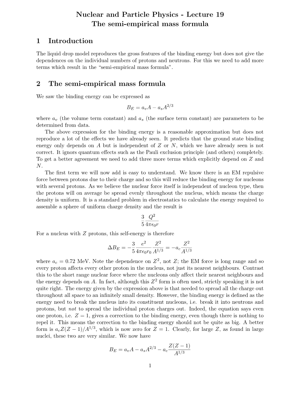 Nuclear and Particle Physics - Lecture 19 the Semi-Empirical Mass Formula