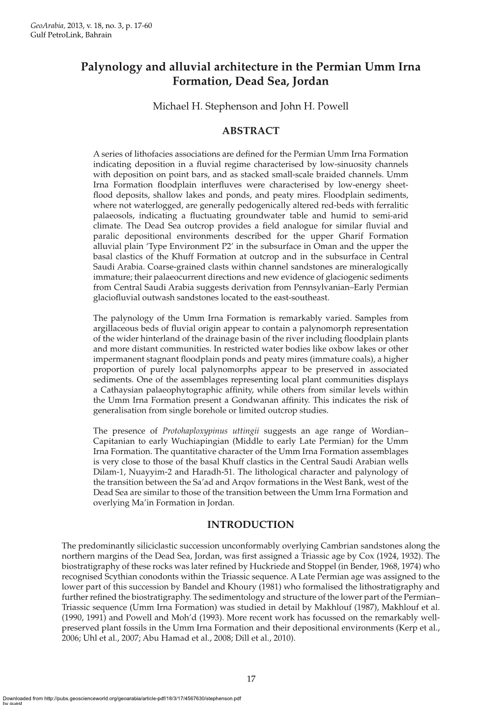 Palynology and Alluvial Architecture in the Permian Umm Irna Formation, Dead Sea, Jordan