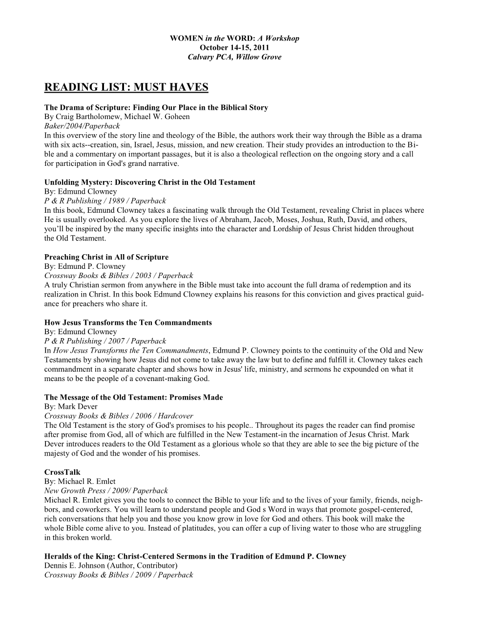 Reading List for Women in the Word.Pdf