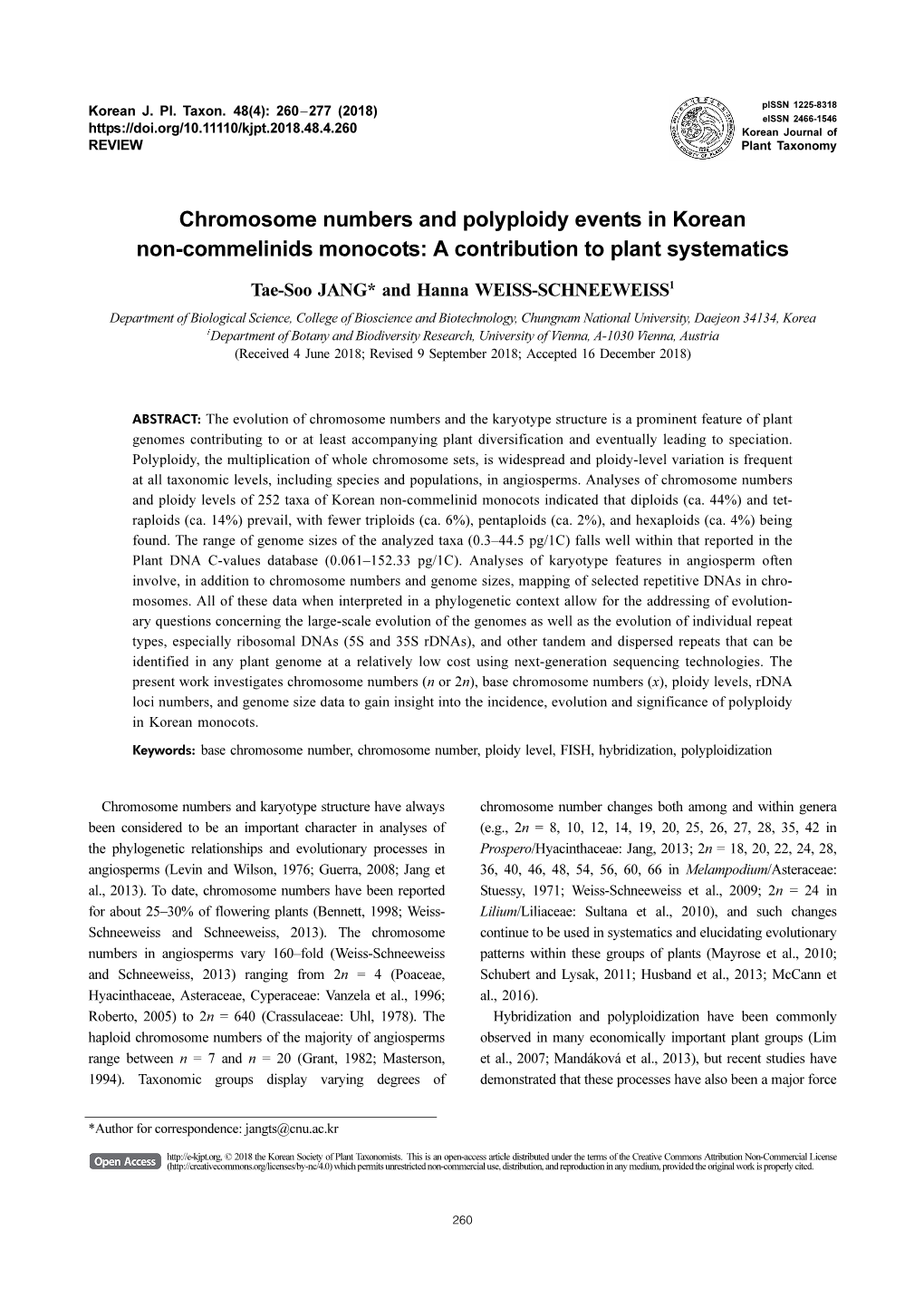 Chromosome Numbers and Polyploidy Events in Korean Non-Commelinids Monocots: a Contribution to Plant Systematics