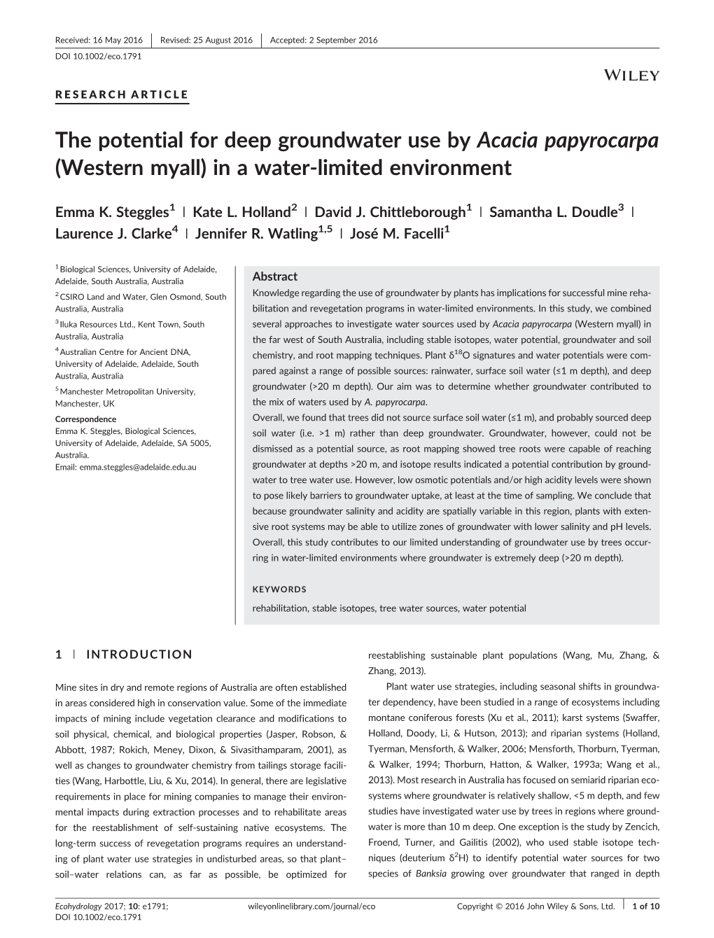 The Potential for Deep Groundwater Use by Acacia Papyrocarpa (Western Myall) in a Water‐Limited Environment