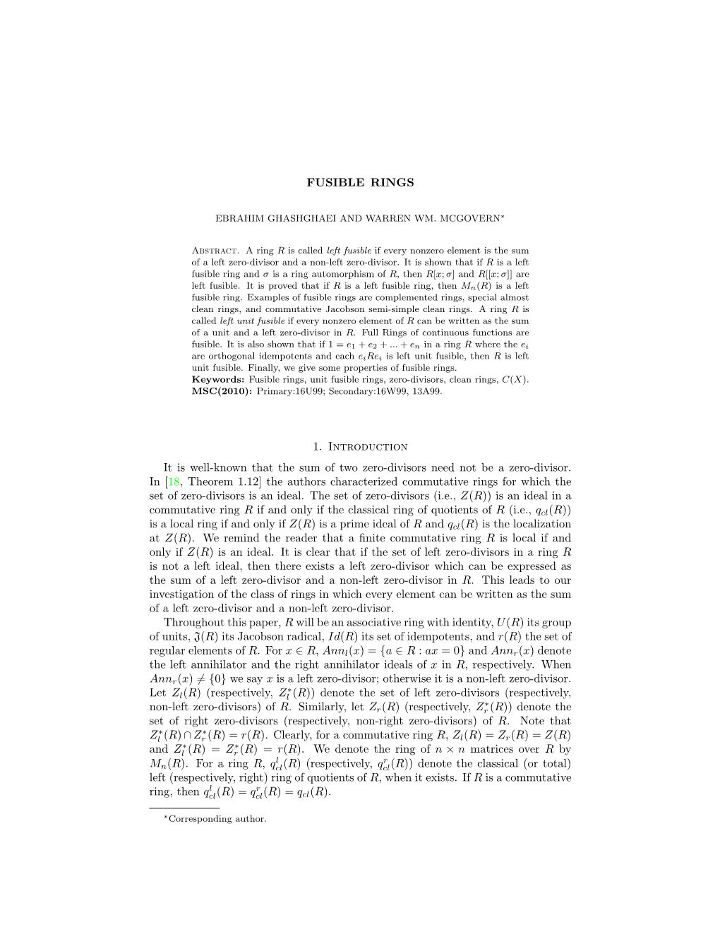 FUSIBLE RINGS 1. Introduction It Is Well-Known That the Sum of Two Zero