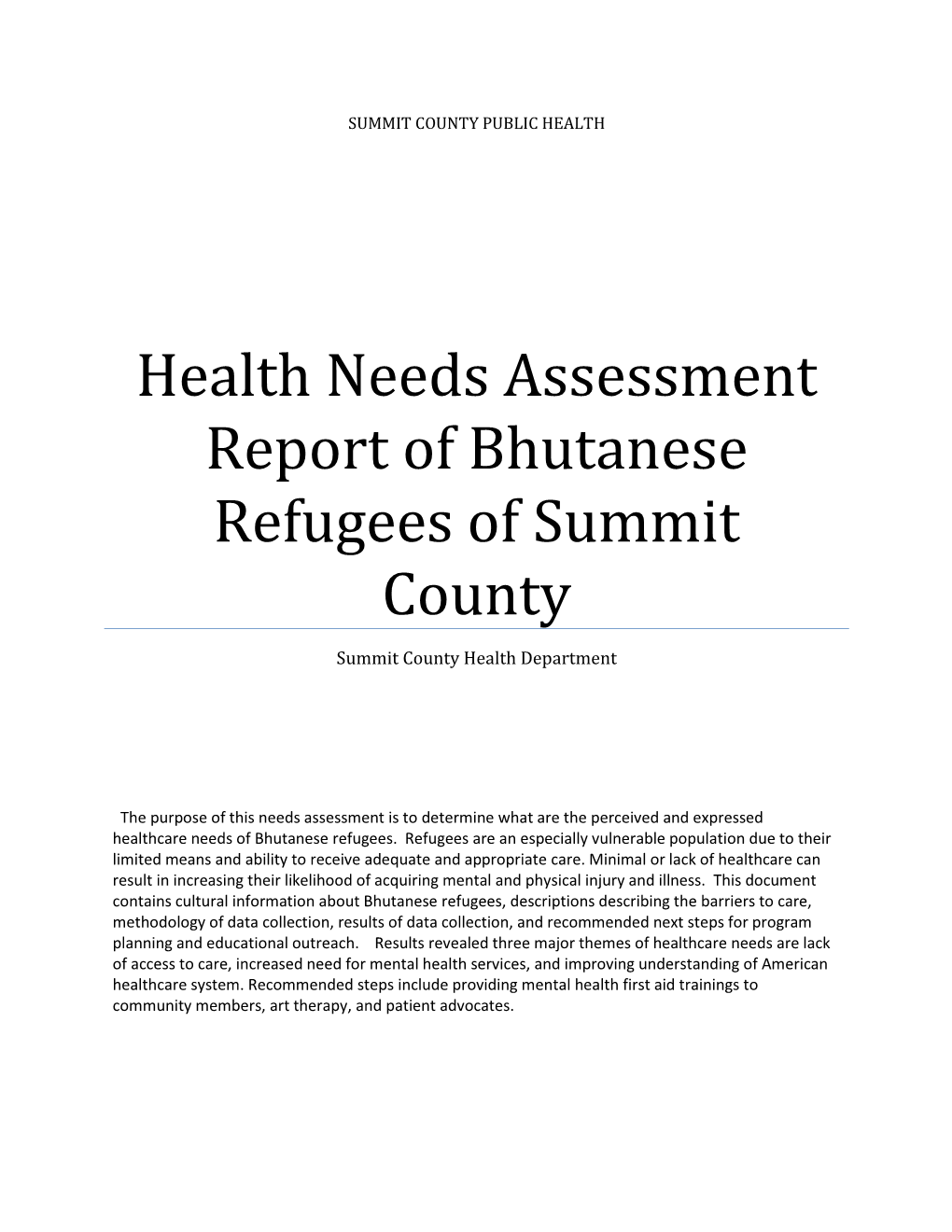 Health Needs Assessment Report of Bhutanese Refugees of Summit County