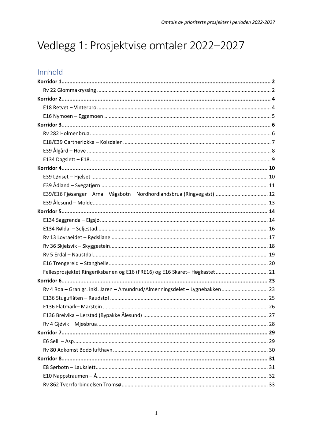 Vedlegg 1: Prosjektvise Omtaler 2022–2027