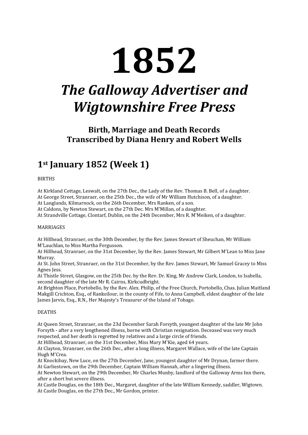 1852 the Galloway Advertiser and Wigtownshire Free Press