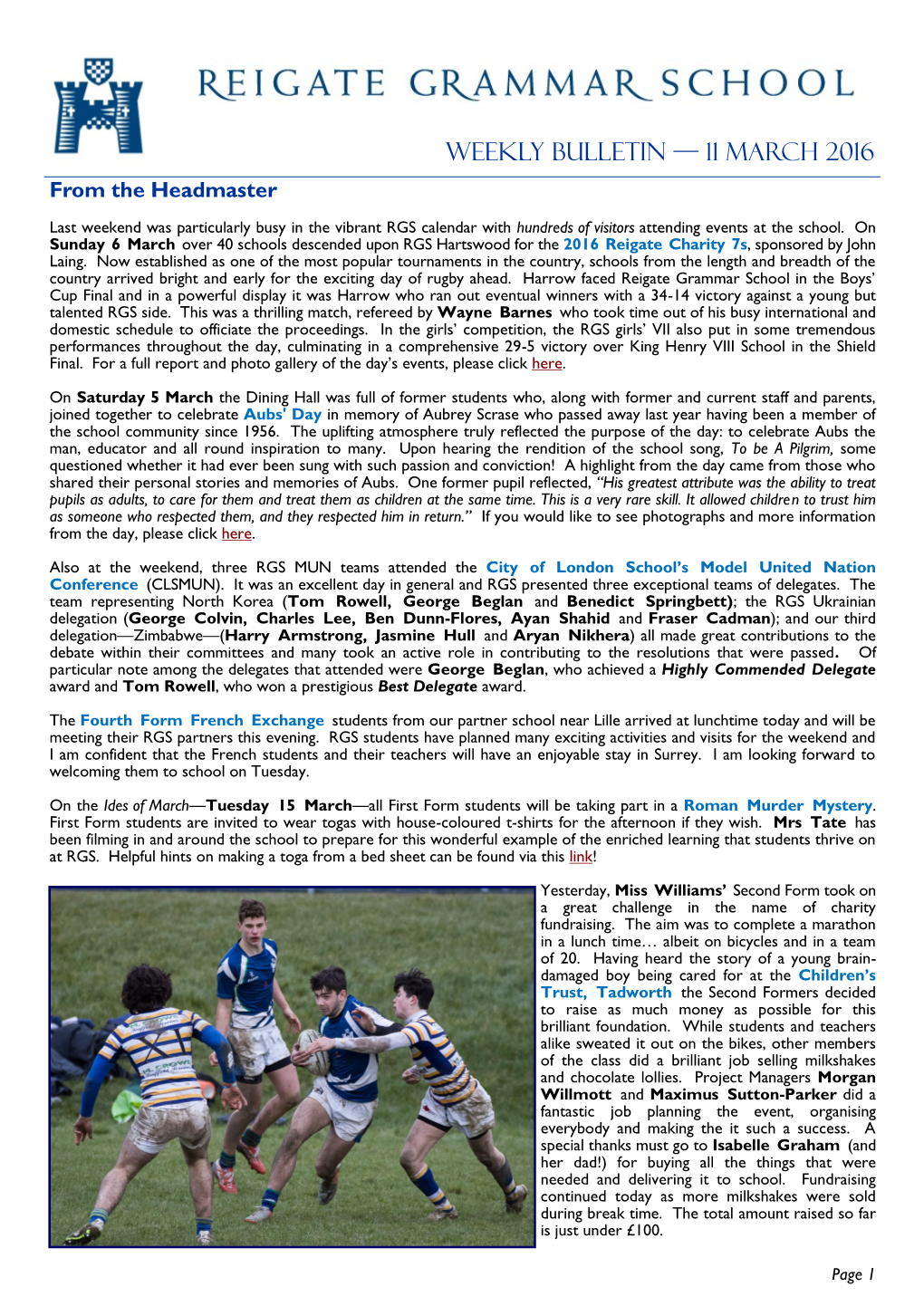 WEEKLY BULLETIN — 11 March 2016 from the Headmaster
