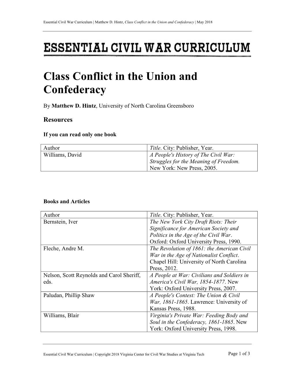 Class Conflict in the Union and Confederacy | May 2018