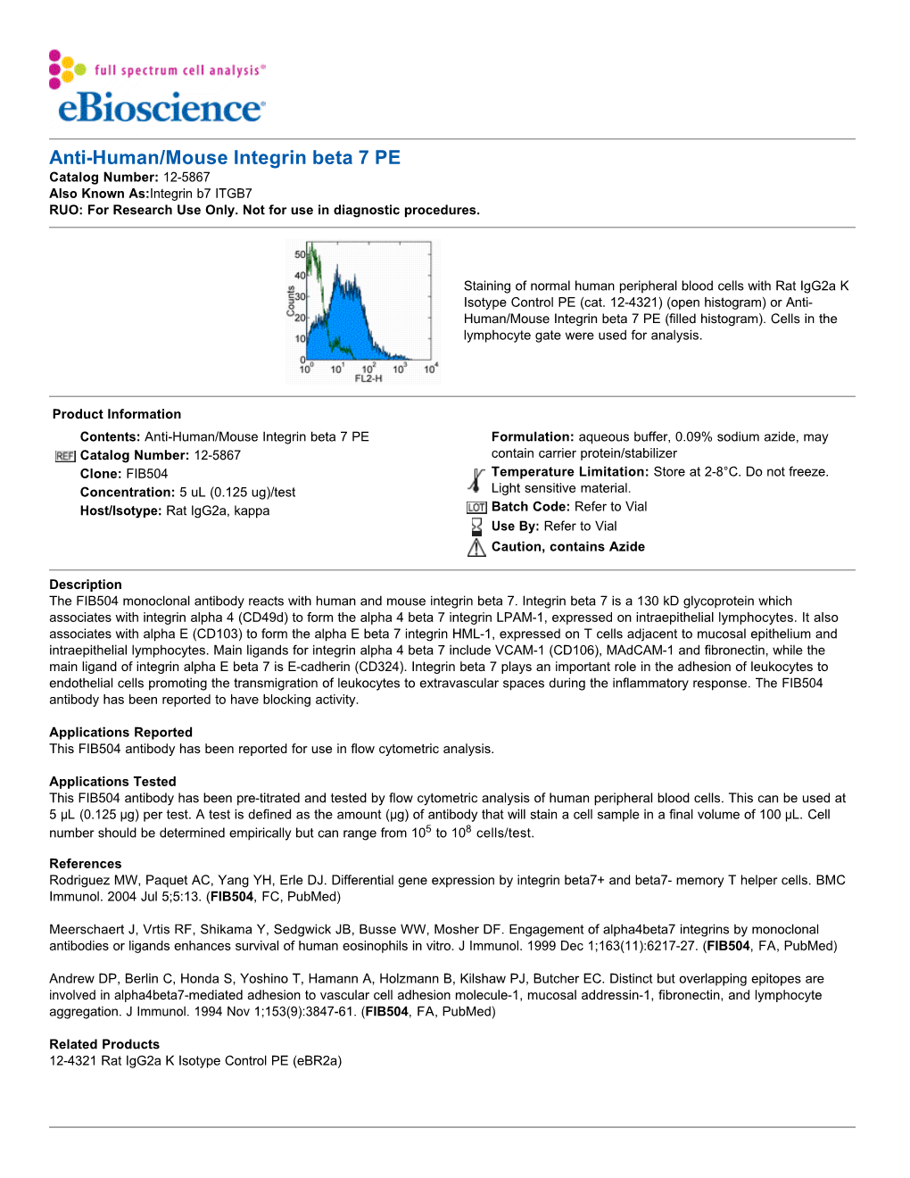 Anti-Human/Mouse Integrin Beta 7 PE Catalog Number: 12-5867 Also Known As:Integrin B7 ITGB7 RUO: for Research Use Only