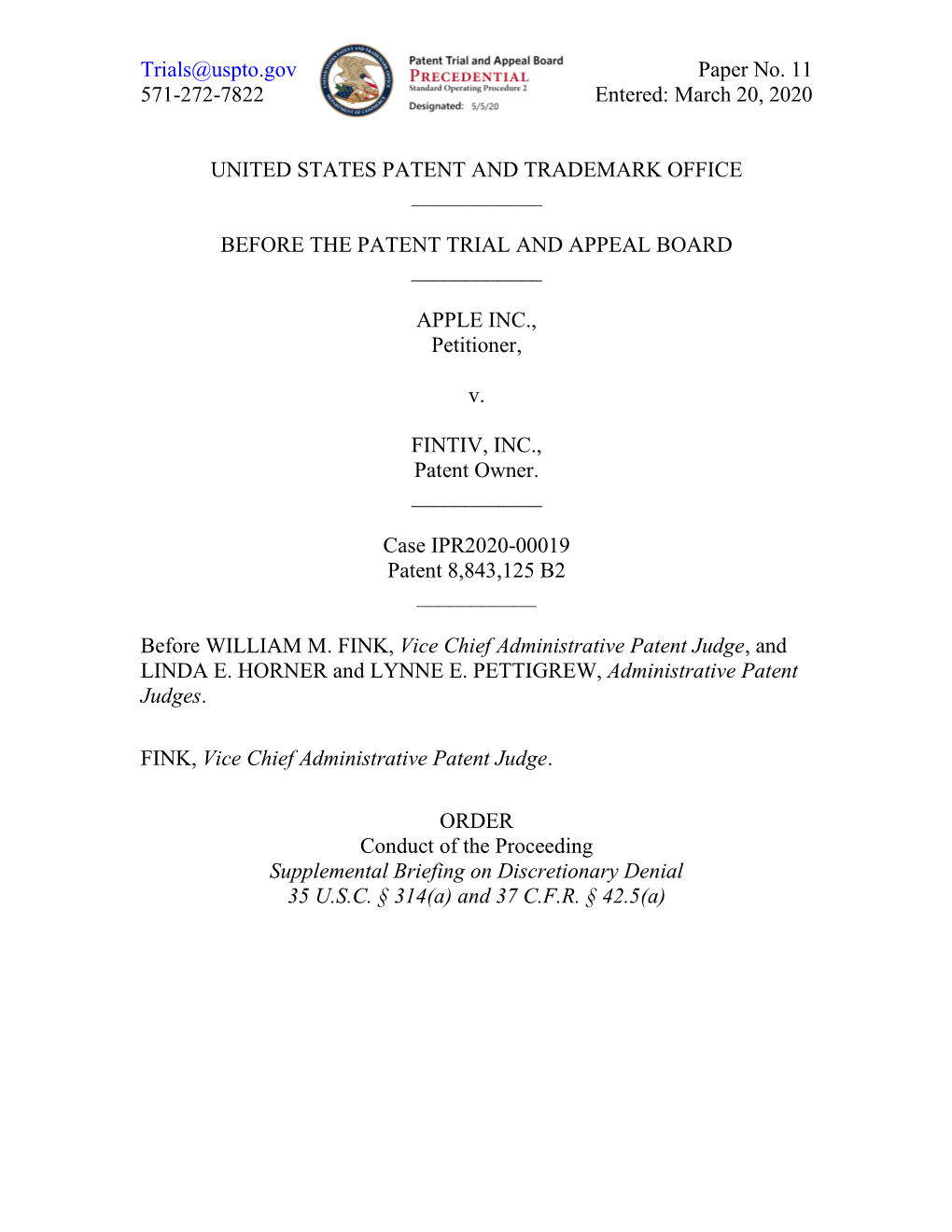 Apple V. Fintiv IPR2020-00019