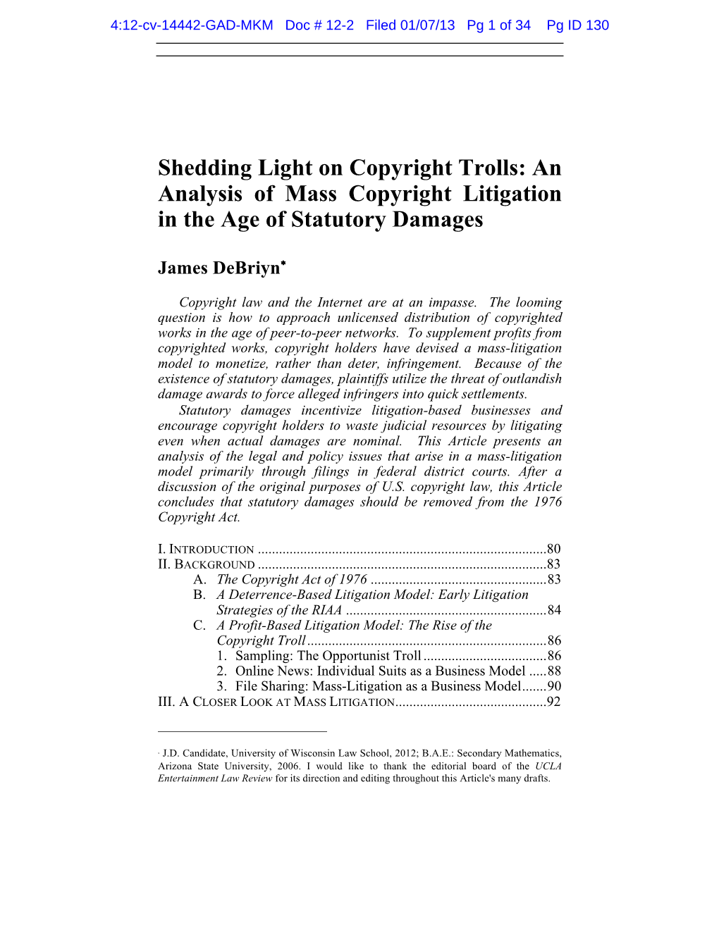 Shedding Light on Copyright Trolls: an Analysis of Mass Copyright Litigation in the Age of Statutory Damages