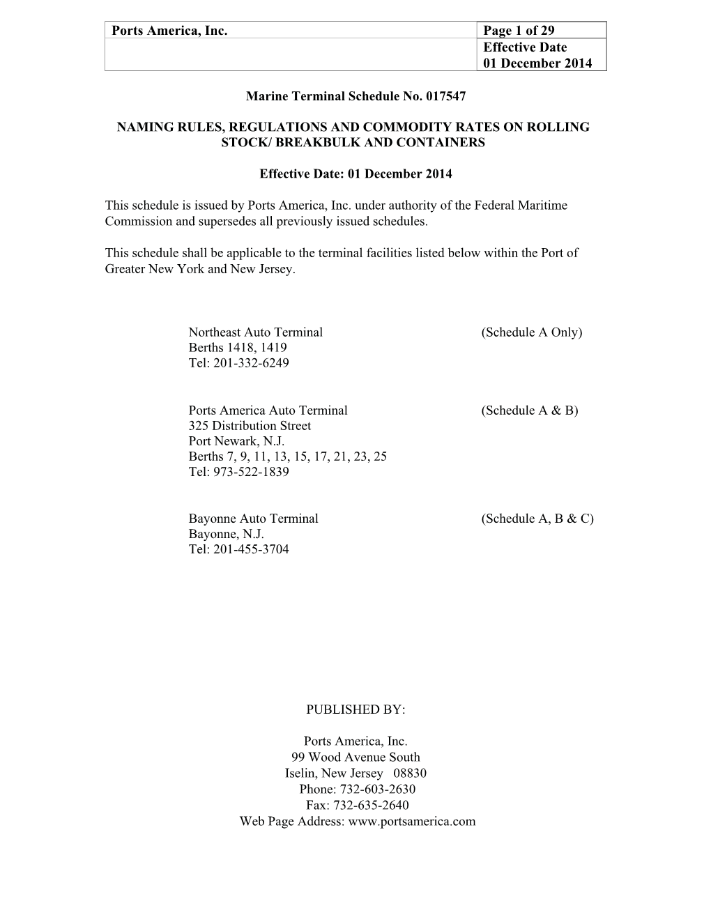 Ports America, Inc. Page 1 of 29 Effective Date 01 December 2014