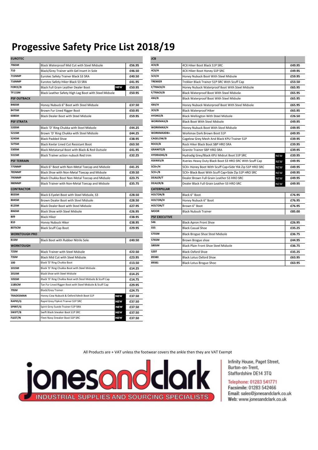 Progessive Safety Price List 2018/19