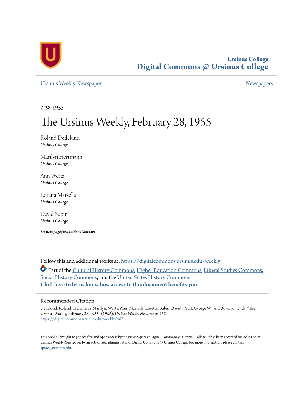 The Ursinus Weekly, February 28, 1955" (1955)