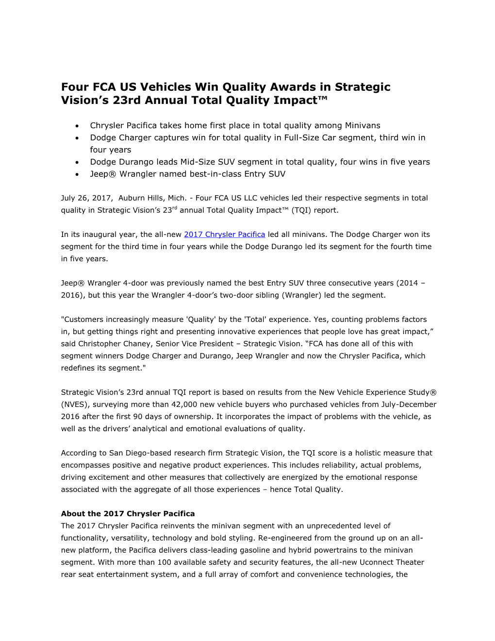 Four FCA US Vehicles Win Quality Awards in Strategic Vision's 23Rd