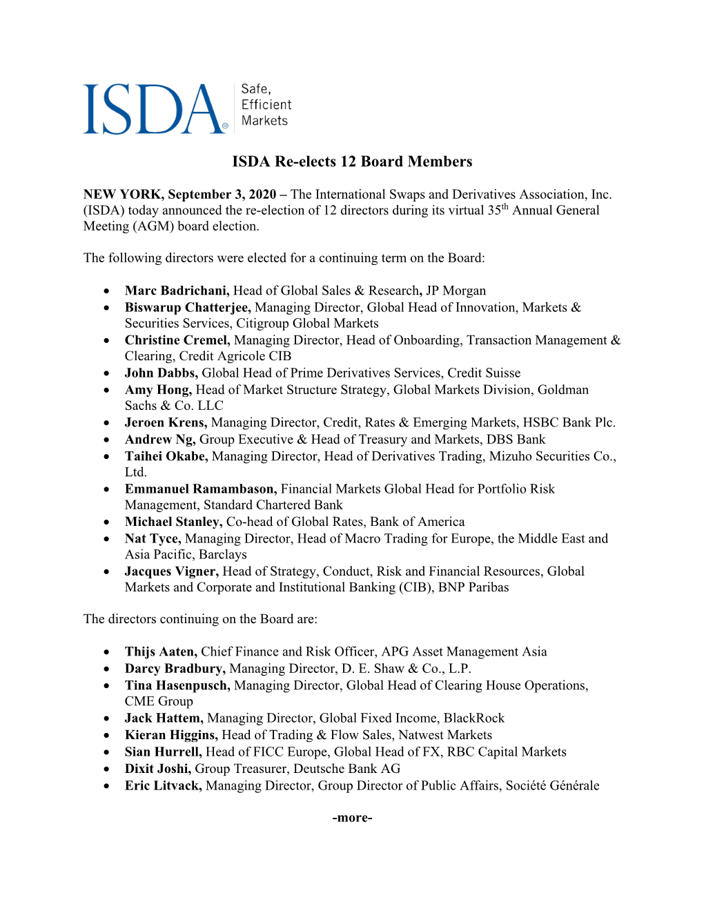 ISDA Re-Elects 12 Board Members