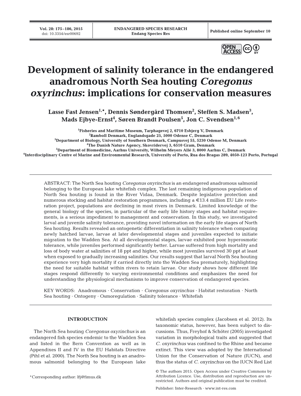 Development of Salinity Tolerance in the Endangered Anadromous North Sea Houting Coregonus Oxyrinchus: Implications for Conservation Measures