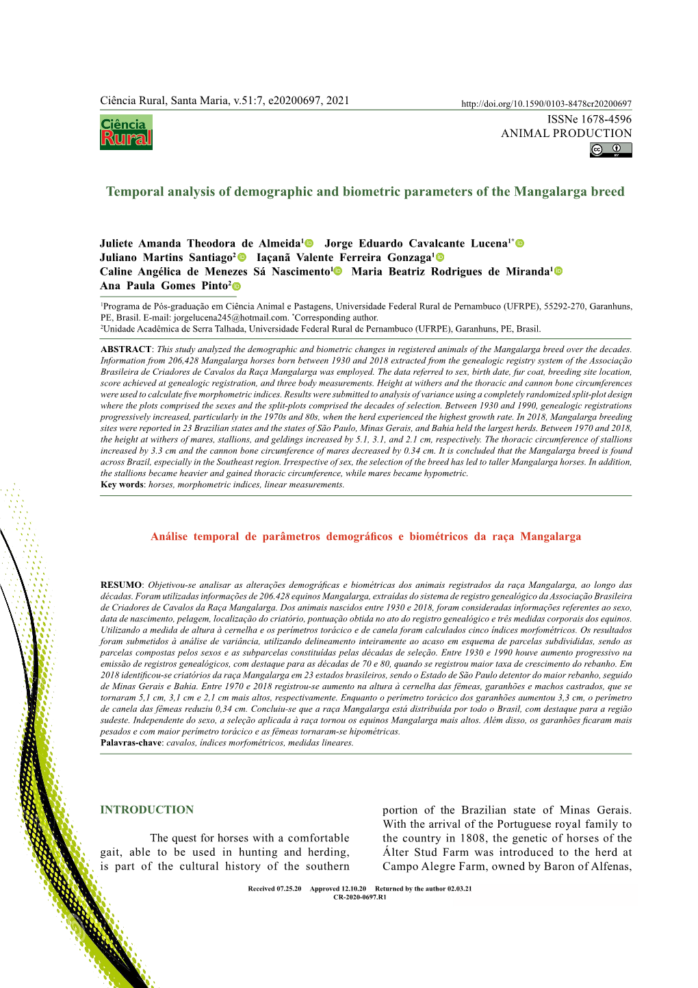 Temporal Analysis of Demographic and Biometric Parameters of the Mangalarga Breed