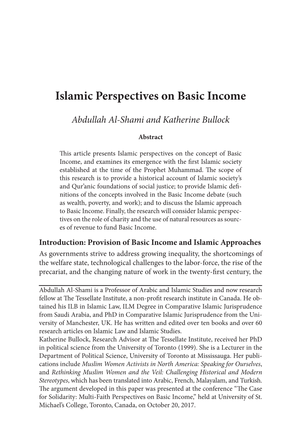 Islamic Perspectives on Basic Income