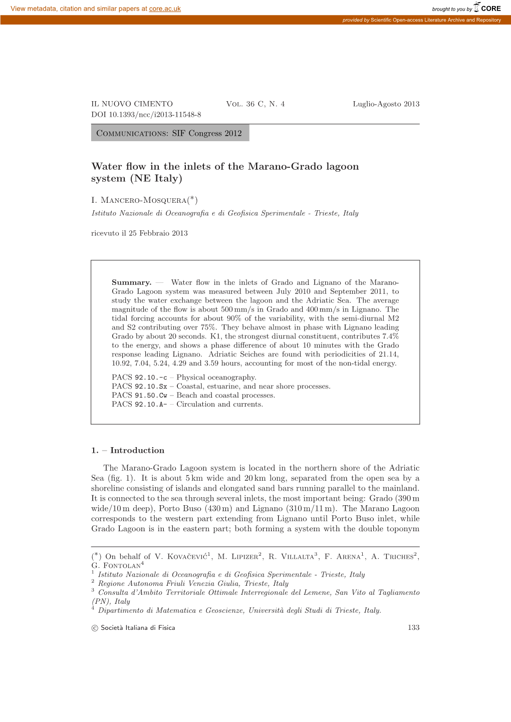 Water Flow in the Inlets of the Marano-Grado Lagoon System (Ne Italy) 135