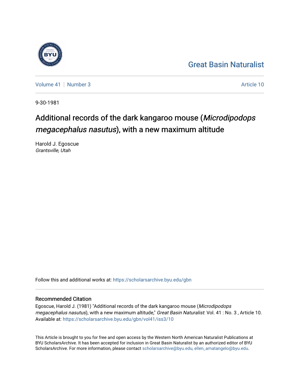 Additional Records of the Dark Kangaroo Mouse (Microdipodops Megacephalus Nasutus), with a New Maximum Altitude