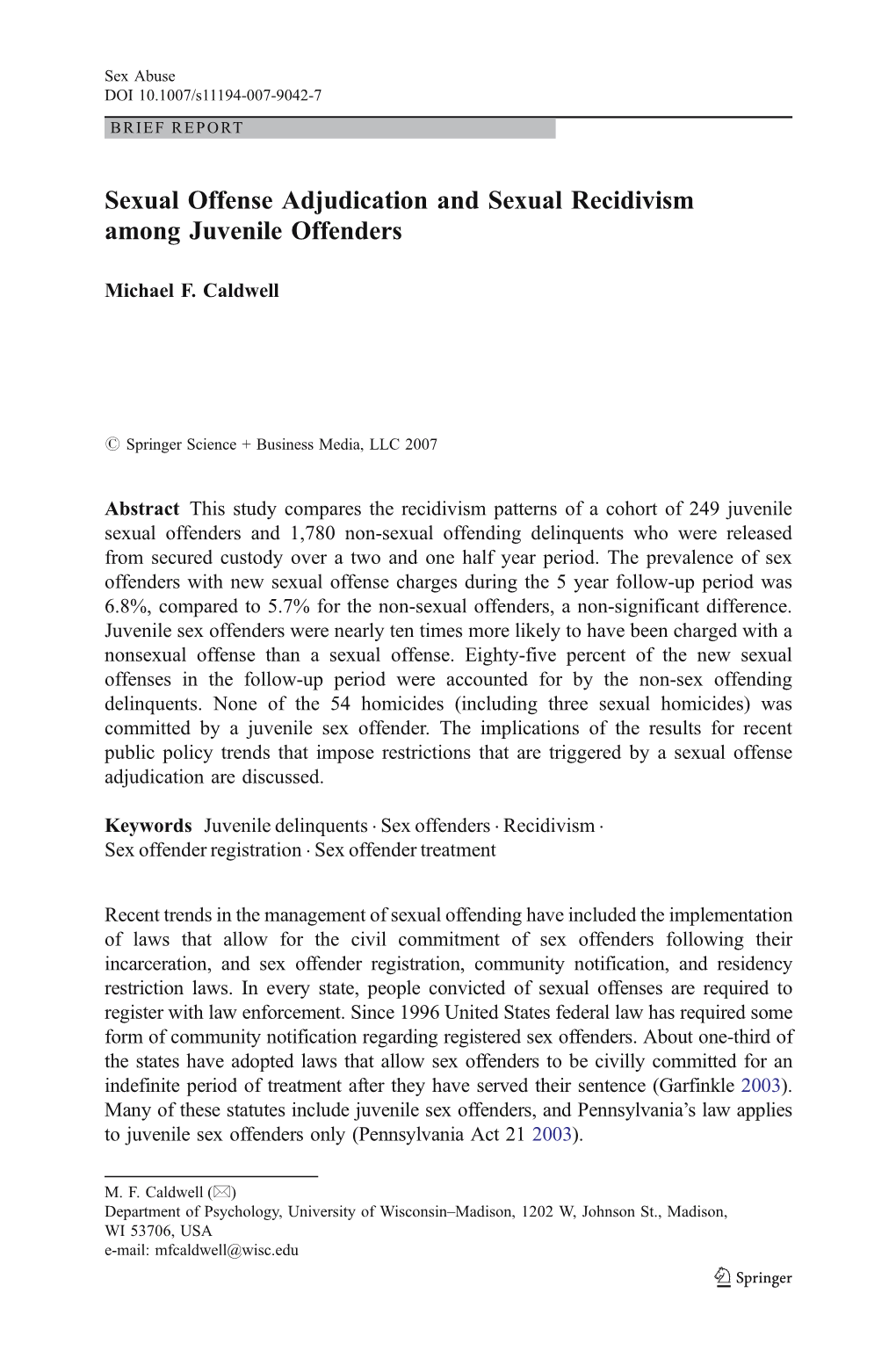 Sexual Offense Adjudication and Sexual Recidivism Among Juvenile Offenders