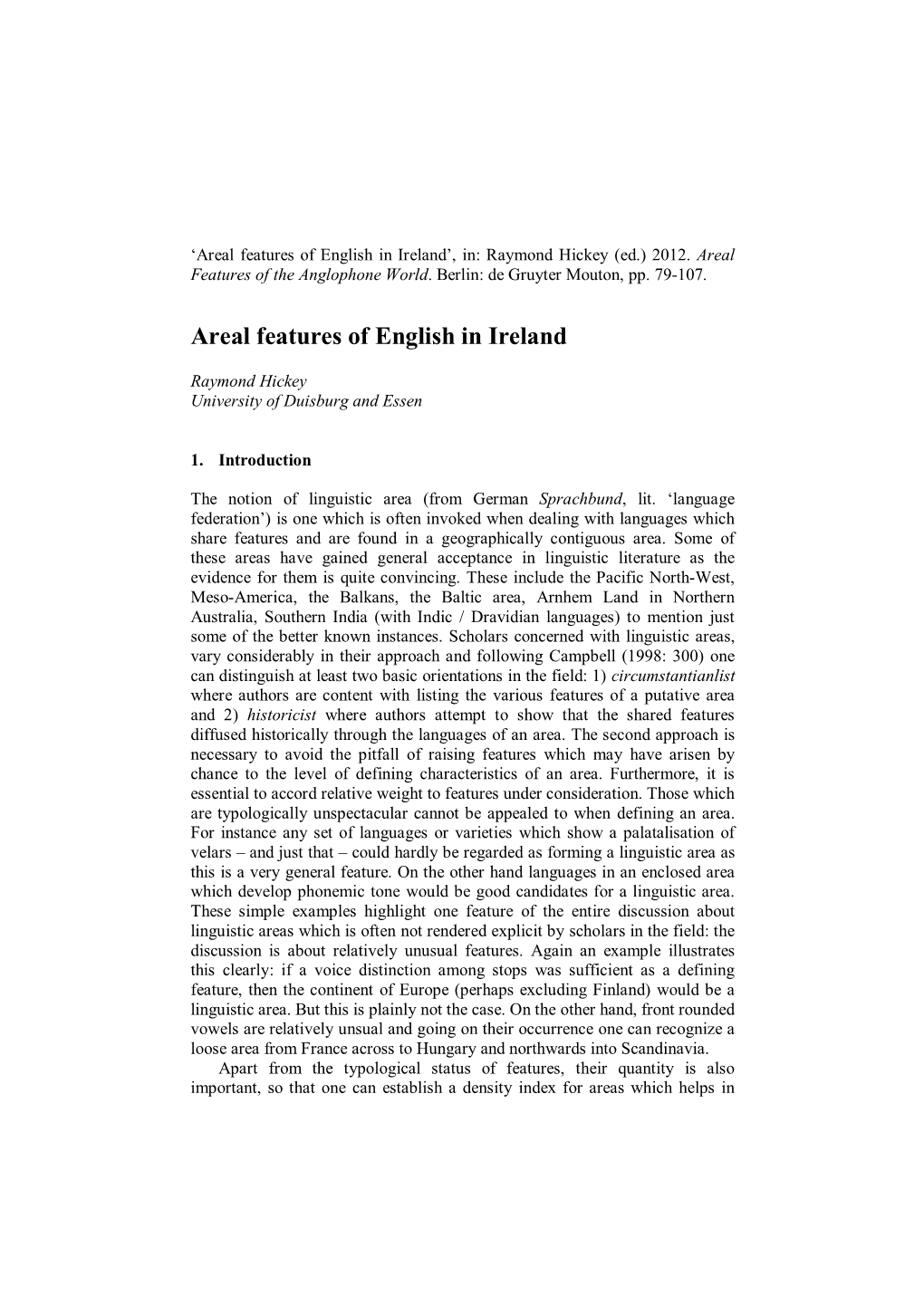 Areal Features of English in Ireland (Hickey 2012)