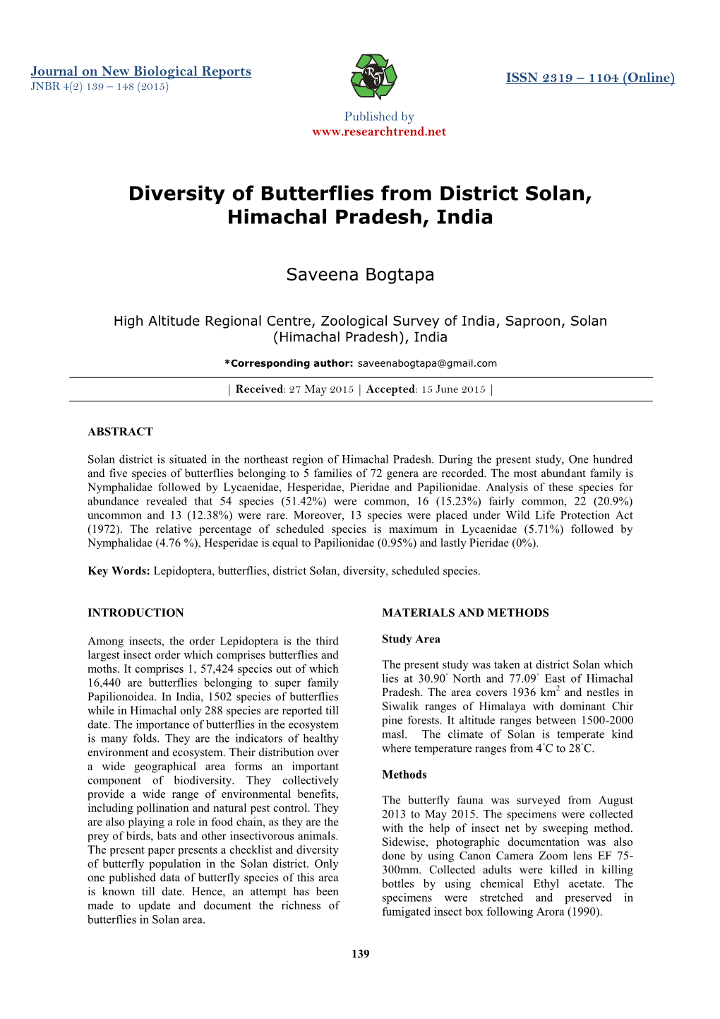 Diversity of Butterflies from District Solan, Himachal Pradesh, India