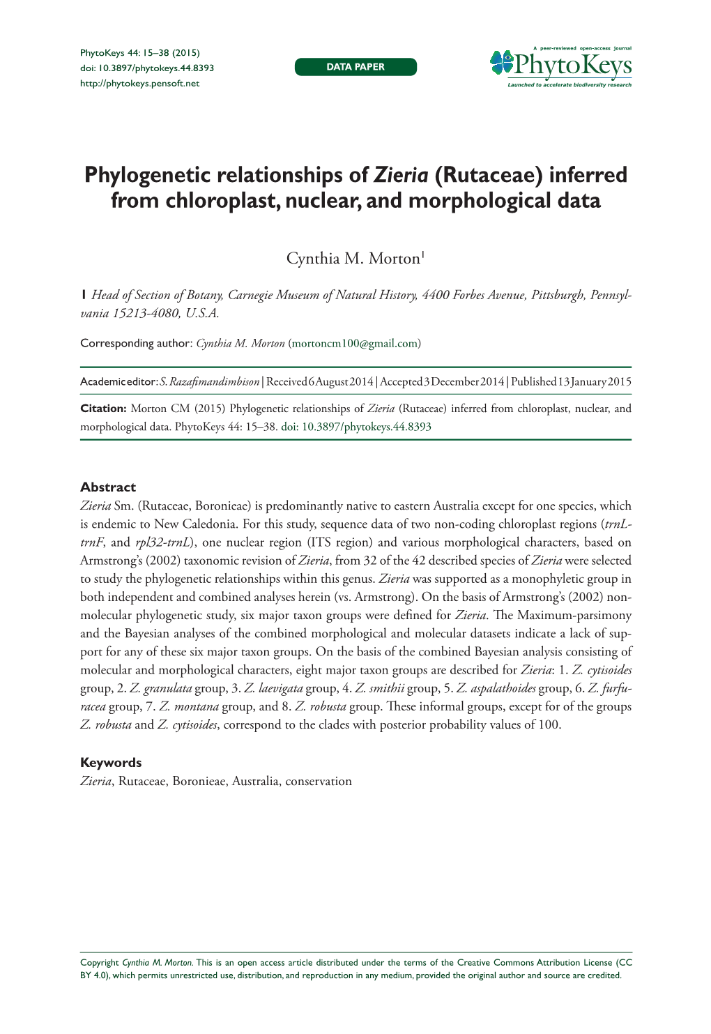 Phylogenetic Relationships of Zieria (Rutaceae) Inferred from Chloroplast, Nuclear, and Morphological Data