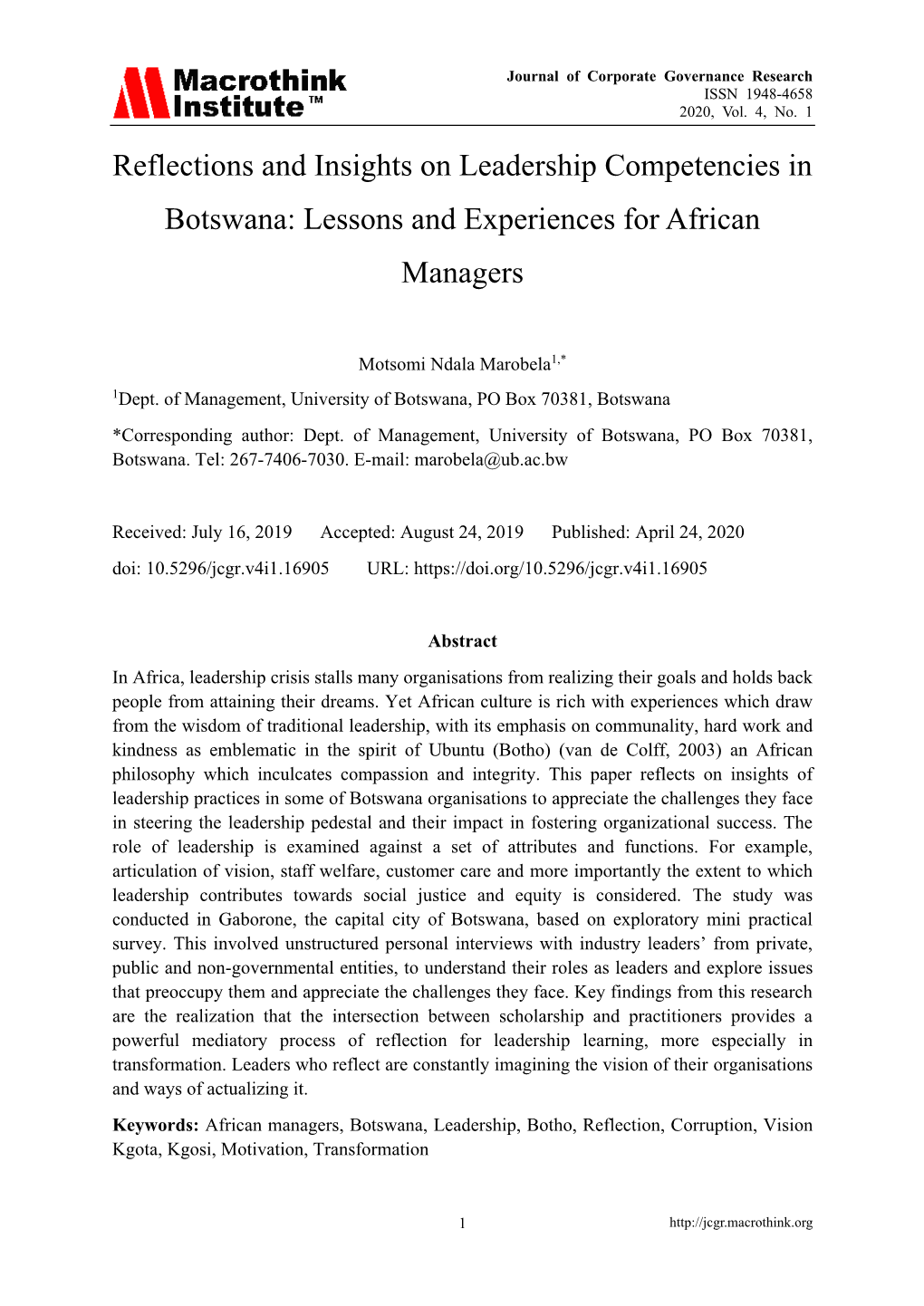 Reflections and Insights on Leadership Competencies in Botswana: Lessons and Experiences for African Managers