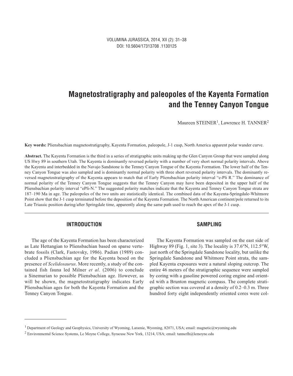 Magnetostratigraphy and Paleopoles of the Kayenta Formation and the Tenney Canyon Tongue