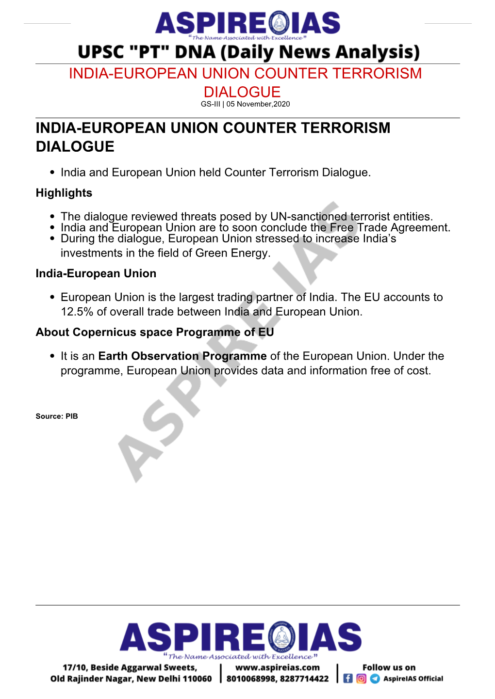 November,2020 INDIA-EUROPEAN UNION COUNTER TERRORISM DIALOGUE