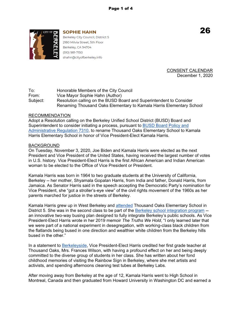 Resolution Calling on the BUSD Board and Superintendent to Consider Renaming Thousand Oaks Elementary to Kamala Harris Elementary School