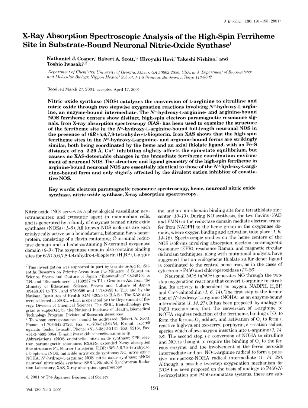 X-Ray Absorption Spectroscopic Analysis of the High-Spin Ferriheme Site in Substrate-Bound Neuronal Nitric-Oxide Synthase1