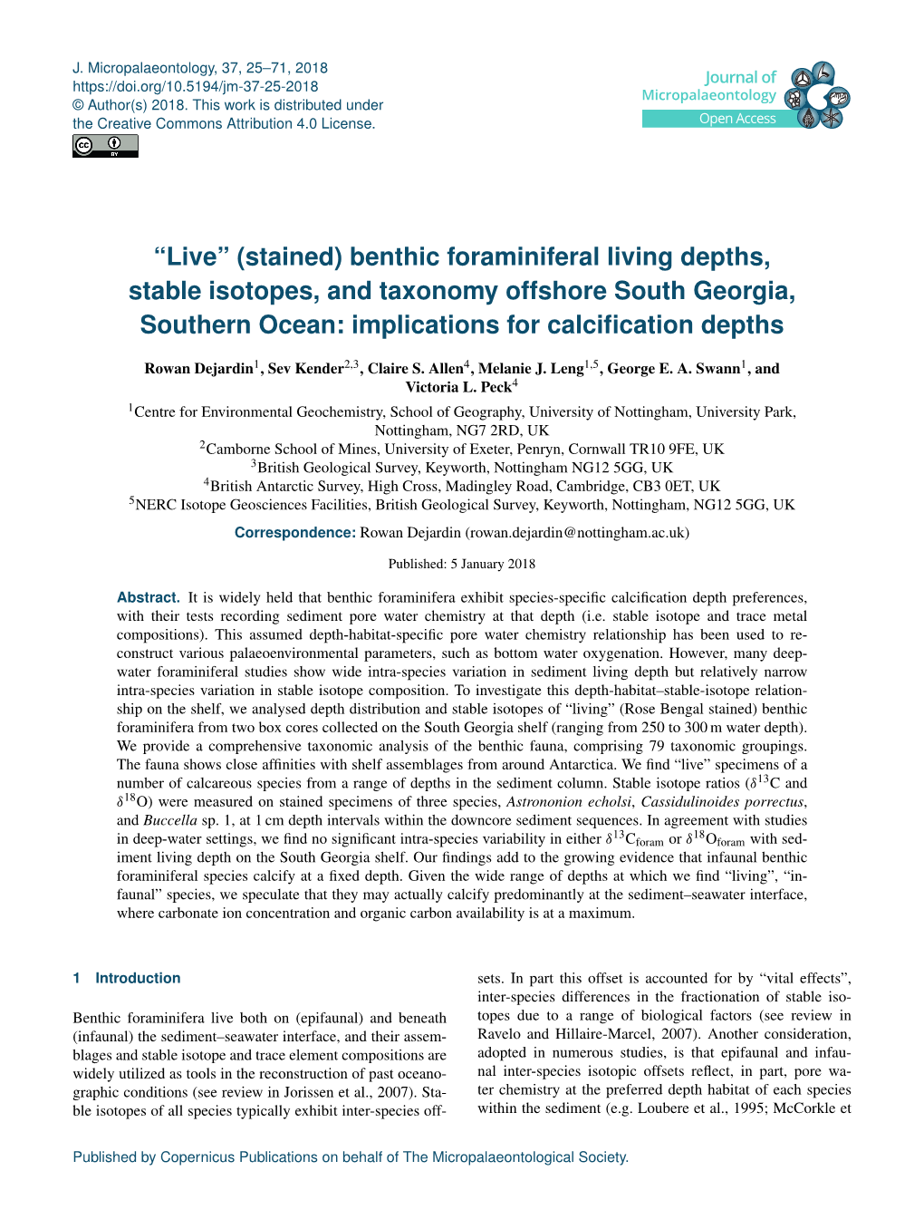 Benthic Foraminiferal Living Depths, Stable Isotopes, and Taxonomy Offshore South Georgia, Southern Ocean: Implications for Calciﬁcation Depths