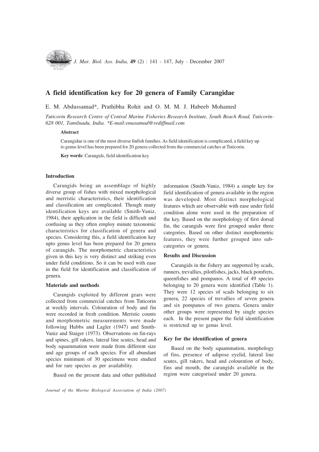 A Field Identification Key for 20 Genera of Family Carangidae