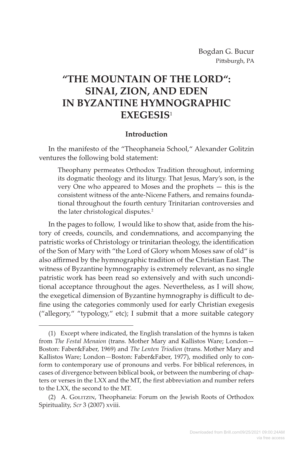 Sinai, Zion, and Eden in Byzantine Hymnographic Exegesis1