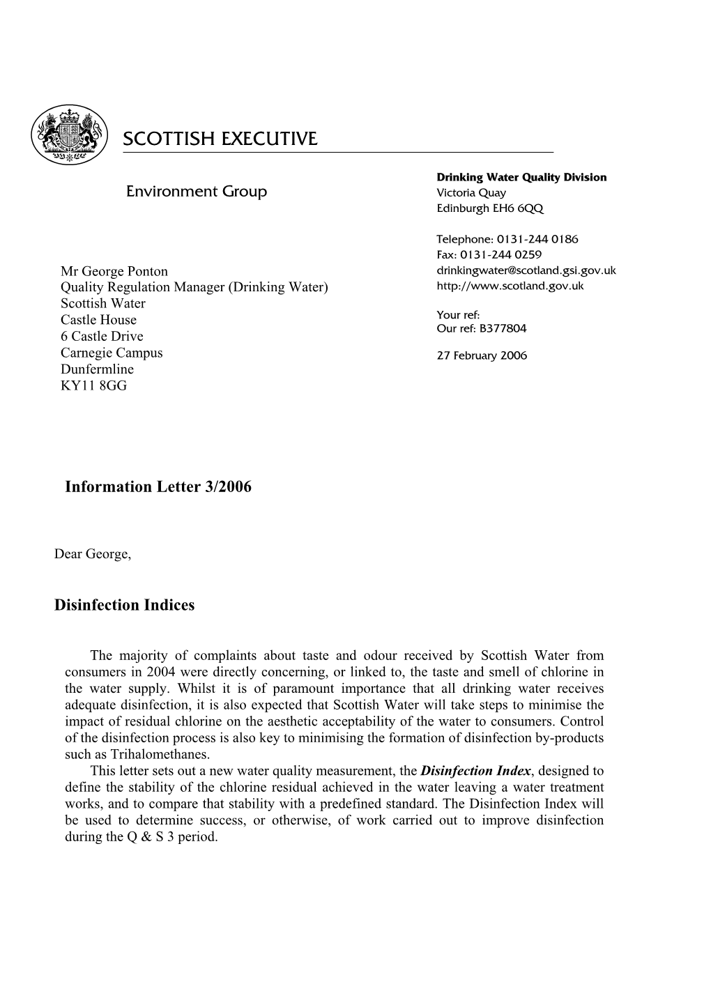 Chlorine Disinfection Indices Includes Appendices 1 & 2