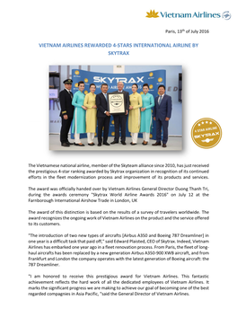 Vietnam Airlines Rewarded 4-Stars International Airline by Skytrax