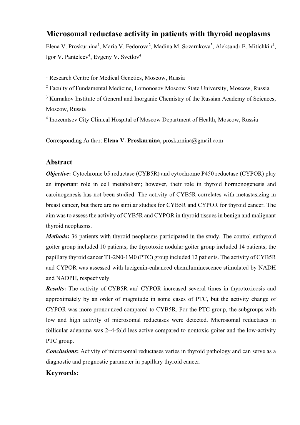 Microsomal Reductase Activity in Patients with Thyroid Neoplasms Elena V