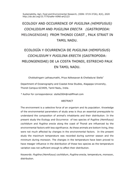 Ecology and Occurrence of Pugilina (Hemifusus) Cochlidium and Pugilina Erecta (Gastropoda: Melongenidae) from Thondi Coast , Palk Strait in Tamil Nadu