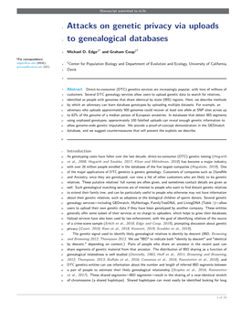 Attacks on Genetic Privacy Via Uploads to Genealogical Databases