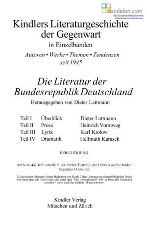 Kindlers Literaturgeschichte Der Gegenwart in Einzelbänden Autoren • Werke • Themen • Tendenzen Seit 1945