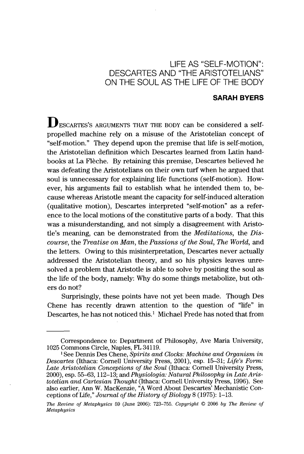 'Self-Motion': Descartes and the Aristotelians on the Soul As the Life