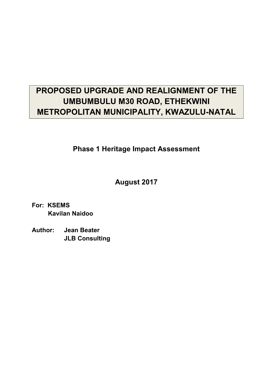 Proposed Upgrade and Realignment of the Umbumbulu M30 Road, Ethekwini Metropolitan Municipality, Kwazulu-Natal