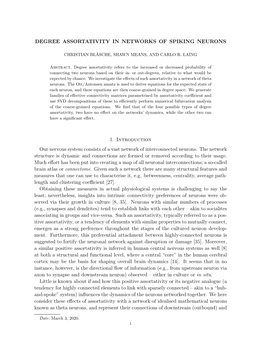 DEGREE ASSORTATIVITY in NETWORKS of SPIKING NEURONS 1. Introduction Our Nervous System Consists of a Vast Network of Interconnec