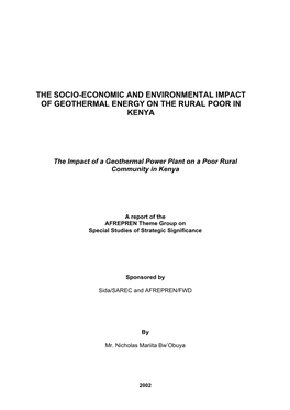 The Socio-Economic and Environmental Impact of Geothermal Energy on the Rural Poor in Kenya