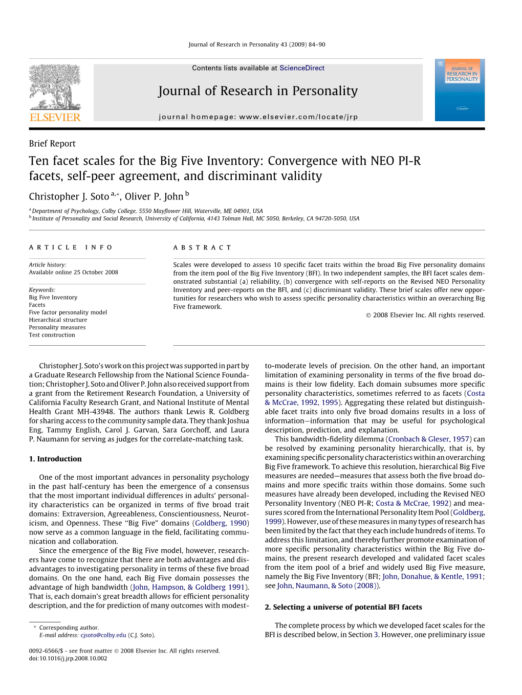 Ten Facet Scales for the Big Five Inventory: Convergence with NEO PI-R Facets, Self-Peer Agreement, and Discriminant Validity