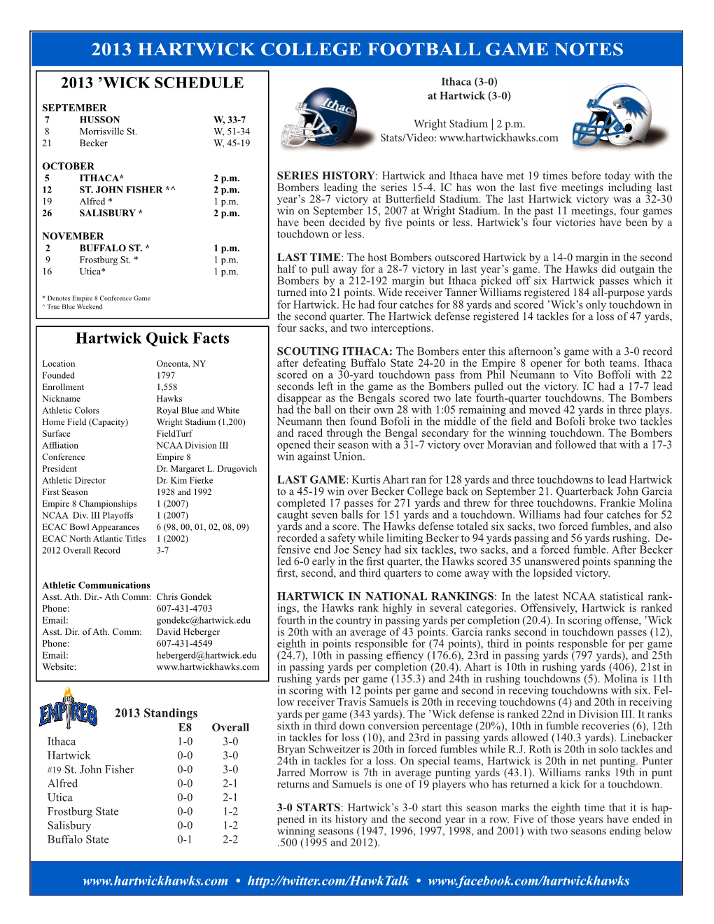 2013 Hartwick College Football Game Notes