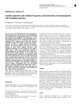 Lumbar Puncture and Subdural Hygroma and Hematomas in Hematopoietic Cell Transplant Patients