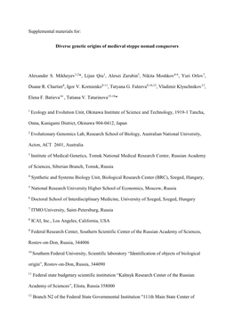 Supplemental Materials For: Diverse Genetic Origins of Medieval Steppe Nomad Conquerors Alexander S. Mikheyev1,2*, Lijun Qiu1